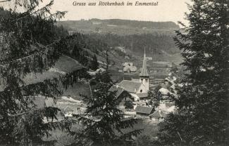Ansichtskarte «Gruss aus Röthenbach im Emmental»; Reinhold Bürgi, Nesslau; abgestempelt «RÖTHENBACH (EMMENTHAL), 15.VIII.10»; gelaufen nach Bern