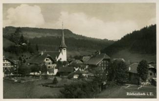 Ansichtskarte «Röthenbach i. E.»; «Gurtenverlag» J. Schaja, Bern, Aarbergergasse 46; abgestempelt «RÖTHENBACH (EMMENTHAL), 2.VII.40»; gelaufen nach Basel