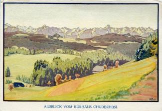 Kunstkarte «Ausblick vom Kurhaus Chuderhüsi»; abgestempelt «RÖTHENBACH (EMMENTHAL), 15.VI.45»; gelaufen nach Riehen bei Basel